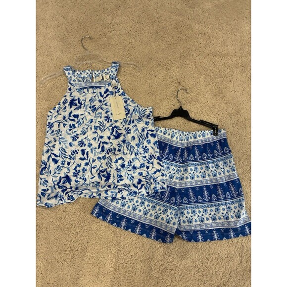 Joie Halter Top Shorts Set Womens Large White Blue Floral 100% Linen Summer NWT - Picture 1 of 5